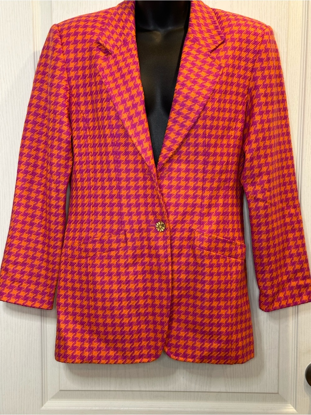 Vintage Pink & Orange Houndstooth Women's Blazer 2 - Picture 2 of 14